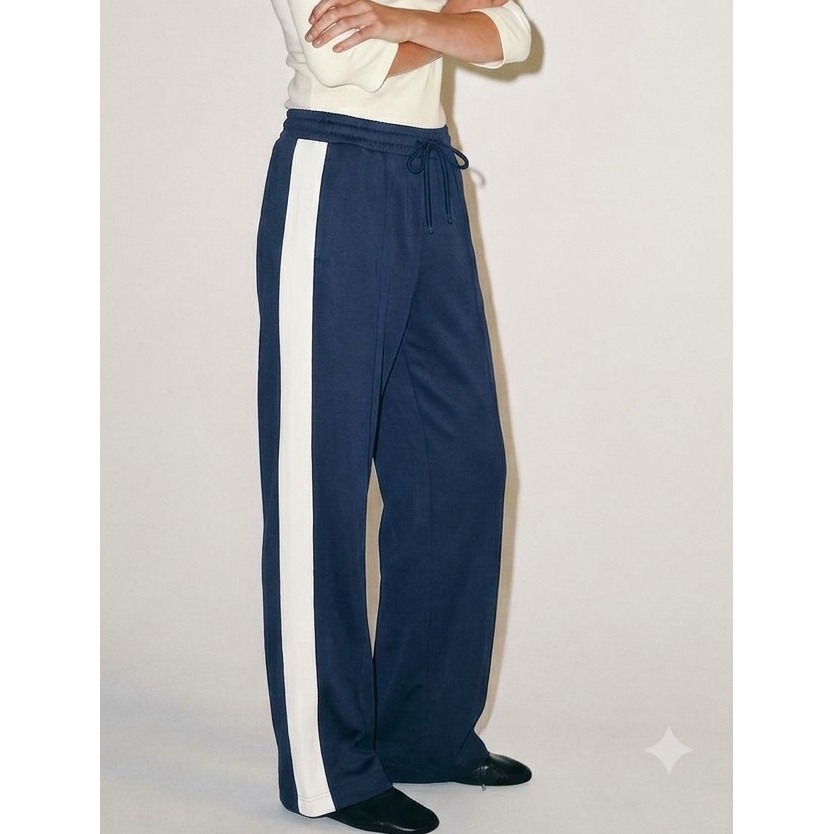 Zara Womens Xl Navy Blue White Side Stripe Wide Leg Track Pants Drawstring Waist